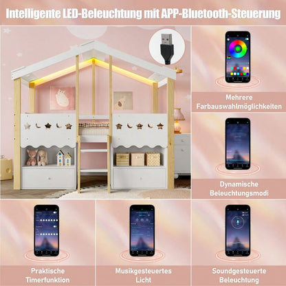 Halbhohes Hochbett 90x200cm im Haus-Design mit LED-Beleuchtung | 2 große Schubladen & integrierte Beleuchtung | Kinderbett in Weiß/Natur ohne Matratze