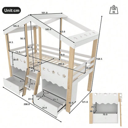 Halbhohes Hochbett 90x200cm im Haus-Design mit LED-Beleuchtung | 2 große Schubladen & integrierte Beleuchtung | Kinderbett in Weiß/Natur ohne Matratze