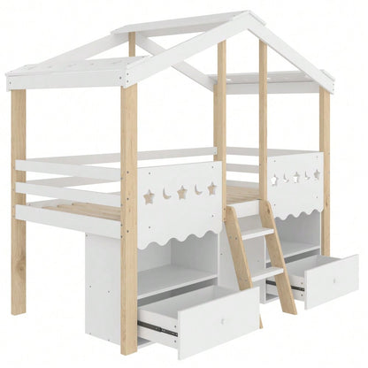 Halbhohes Hochbett 90x200cm im Haus-Design mit LED-Beleuchtung | 2 große Schubladen & integrierte Beleuchtung | Kinderbett in Weiß/Natur ohne Matratze