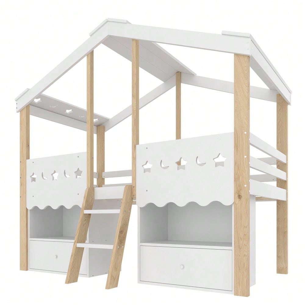 Halbhohes Hochbett 90x200cm im Haus-Design mit LED-Beleuchtung | 2 große Schubladen & integrierte Beleuchtung | Kinderbett in Weiß/Natur ohne Matratze