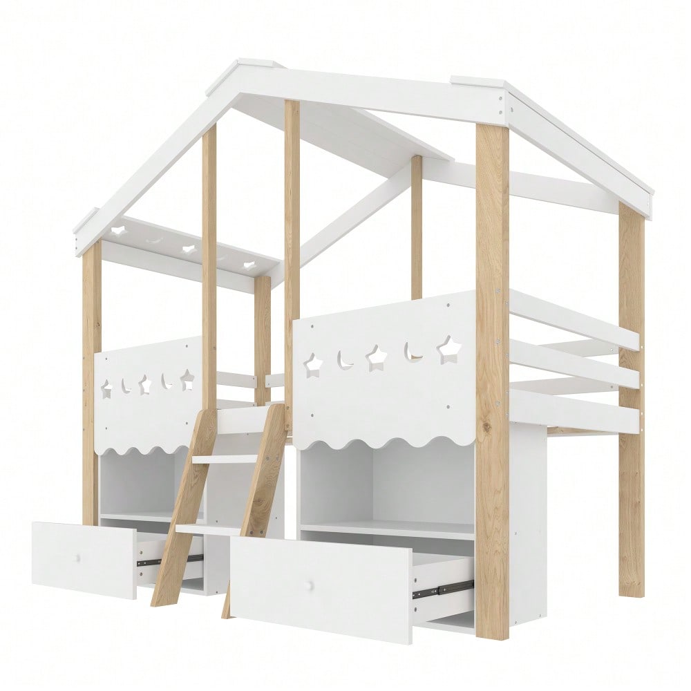 Halbhohes Hochbett 90x200cm im Haus-Design mit LED-Beleuchtung | 2 große Schubladen & integrierte Beleuchtung | Kinderbett in Weiß/Natur ohne Matratze