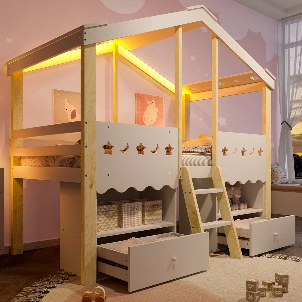 Halbhohes Hochbett 90x200cm im Haus-Design mit LED-Beleuchtung | 2 große Schubladen & integrierte Beleuchtung | Kinderbett in Weiß/Natur ohne Matratze