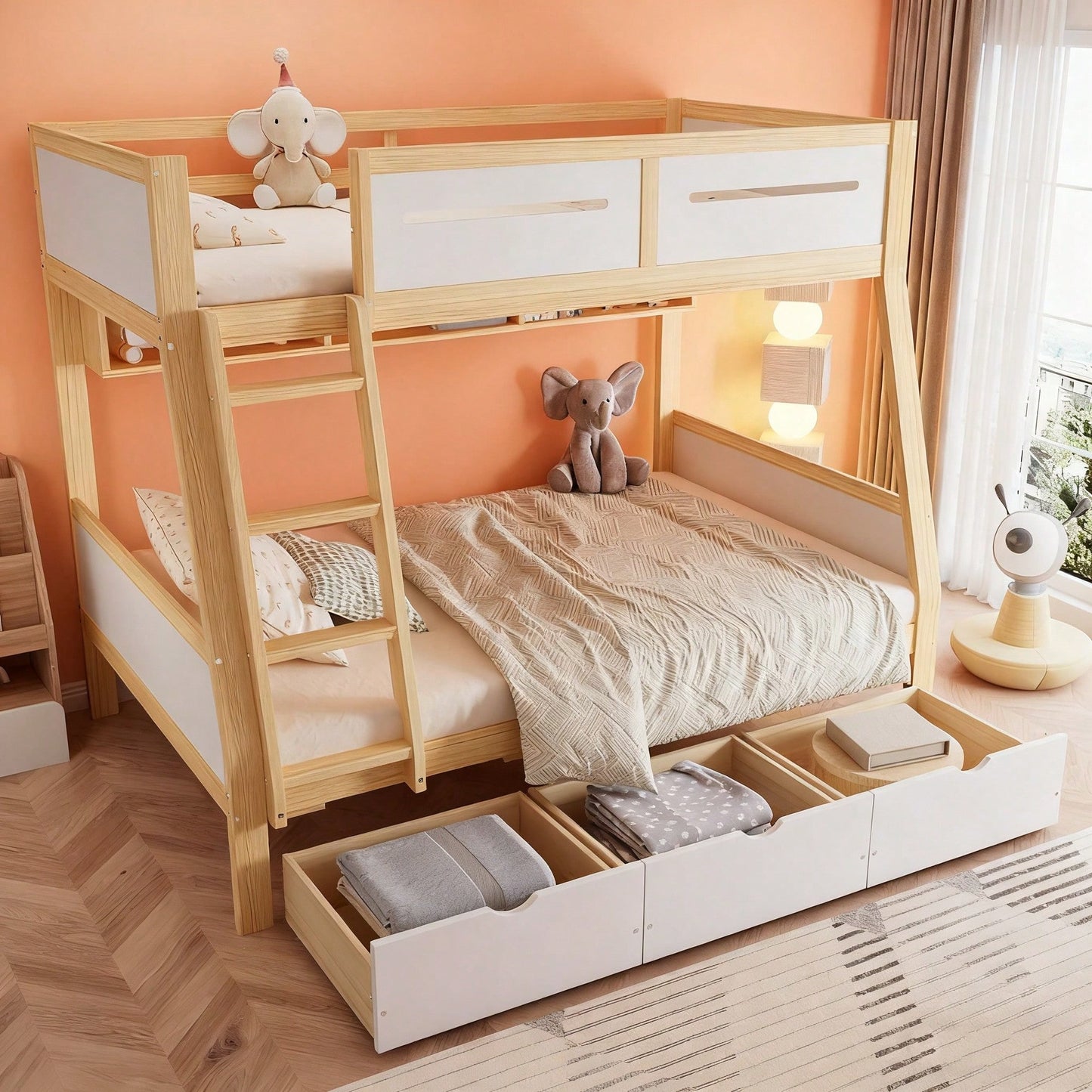 Etagenbett Kinderbett mit 3 Schubladen & Bilderbuchständer | 90x200cm & 120x200cm Größen | Sicher mit 4-seitigen Schutz & Leiter | Kiefernholz, Weiß/Natur