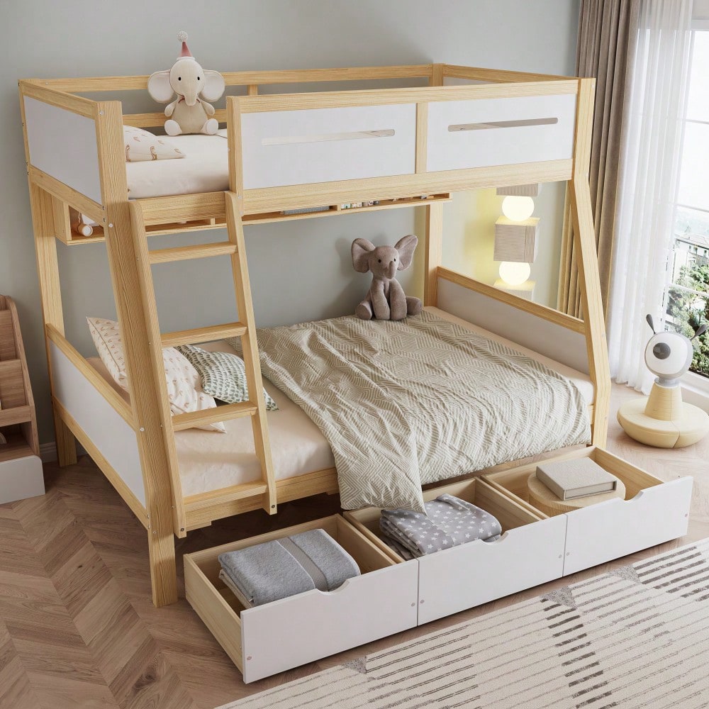 Etagenbett Kinderbett mit 3 Schubladen & Bilderbuchständer | 90x200cm & 120x200cm Größen | Sicher mit 4-seitigen Schutz & Leiter | Kiefernholz, Weiß/Natur