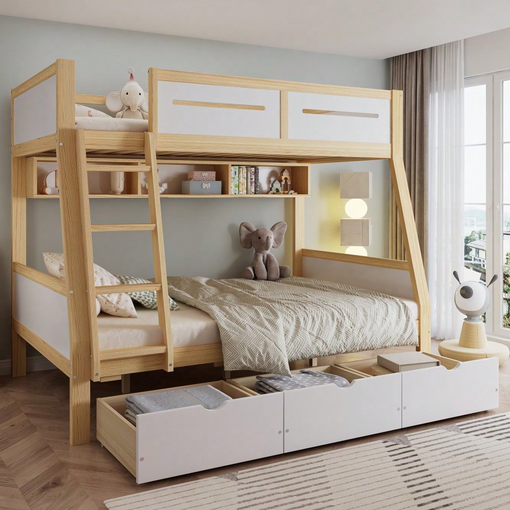 Etagenbett Kinderbett mit 3 Schubladen & Bilderbuchständer | 90x200cm & 120x200cm Größen | Sicher mit 4-seitigen Schutz & Leiter | Kiefernholz, Weiß/Natur