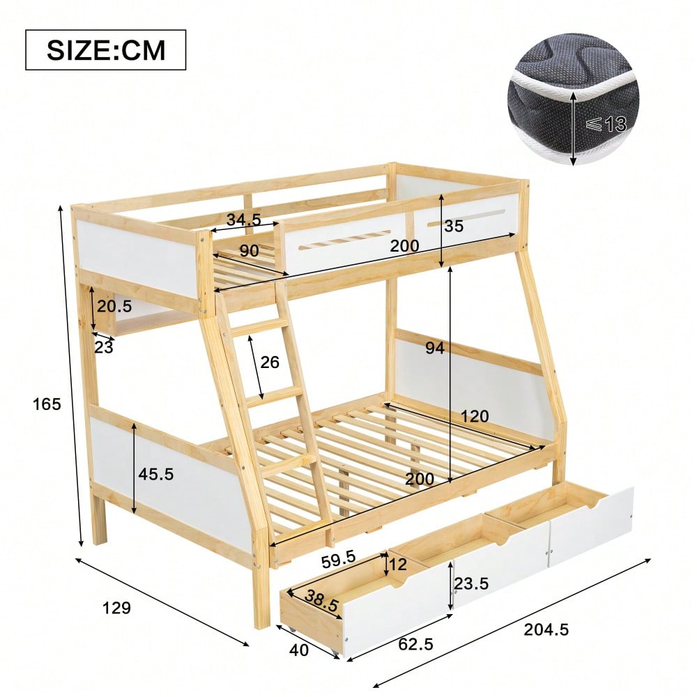 Etagenbett Kinderbett mit 3 Schubladen & Bilderbuchständer | 90x200cm & 120x200cm Größen | Sicher mit 4-seitigen Schutz & Leiter | Kiefernholz, Weiß/Natur