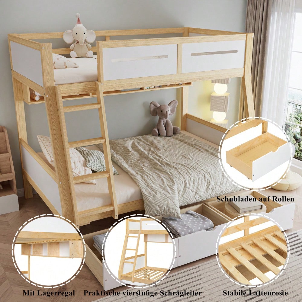 Etagenbett Kinderbett mit 3 Schubladen & Bilderbuchständer | 90x200cm & 120x200cm Größen | Sicher mit 4-seitigen Schutz & Leiter | Kiefernholz, Weiß/Natur