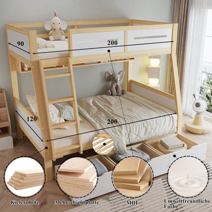 Etagenbett Kinderbett mit 3 Schubladen & Bilderbuchständer | 90x200cm & 120x200cm Größen | Sicher mit 4-seitigen Schutz & Leiter | Kiefernholz, Weiß/Natur