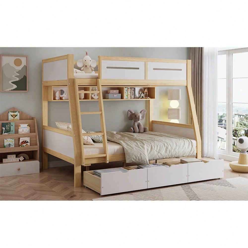 Etagenbett Kinderbett mit 3 Schubladen & Bilderbuchständer | 90x200cm & 120x200cm Größen | Sicher mit 4-seitigen Schutz & Leiter | Kiefernholz, Weiß/Natur