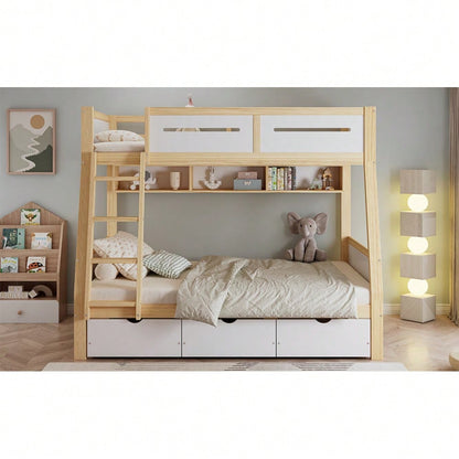 Etagenbett Kinderbett mit 3 Schubladen & Bilderbuchständer | 90x200cm & 120x200cm Größen | Sicher mit 4-seitigen Schutz & Leiter | Kiefernholz, Weiß/Natur