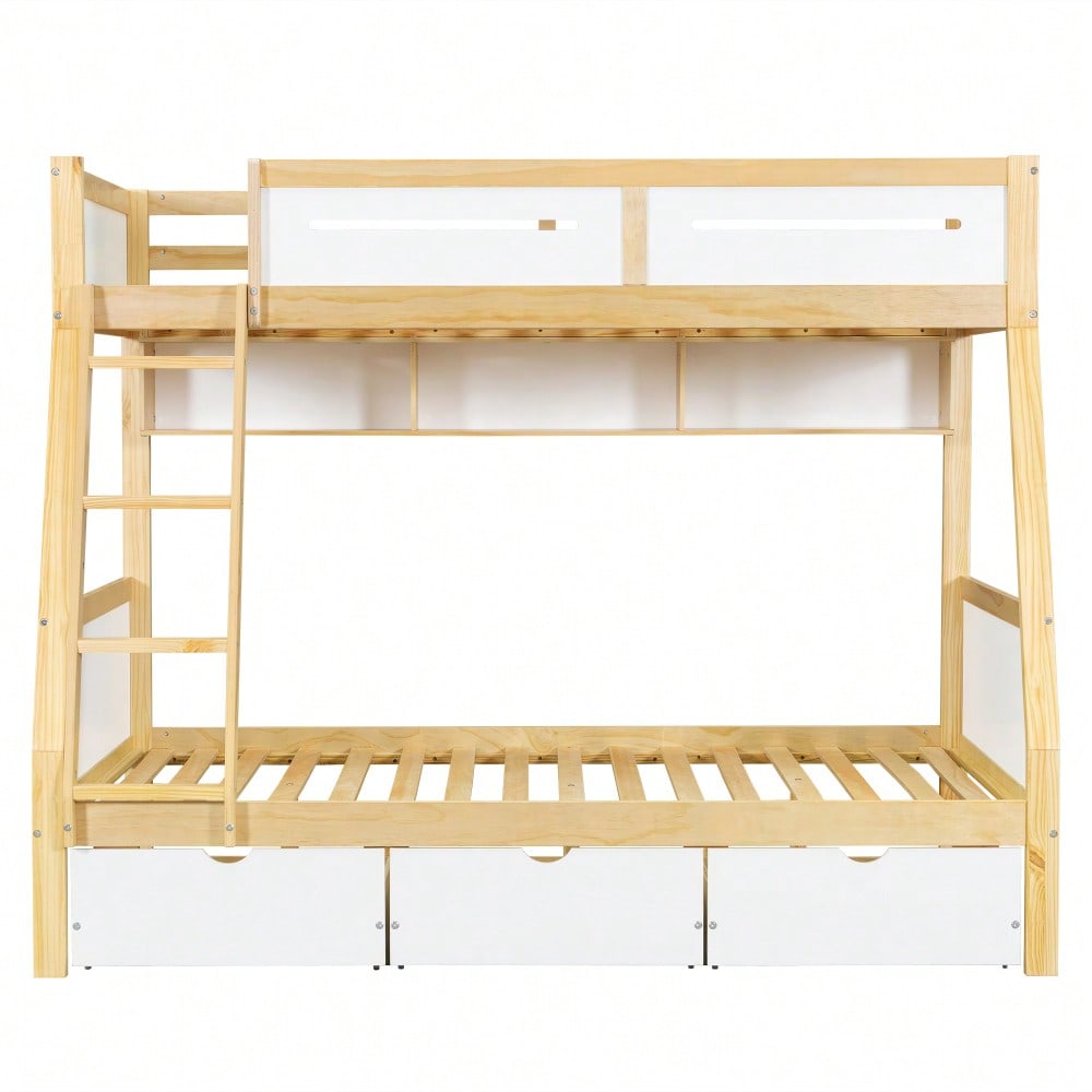Etagenbett Kinderbett mit 3 Schubladen & Bilderbuchständer | 90x200cm & 120x200cm Größen | Sicher mit 4-seitigen Schutz & Leiter | Kiefernholz, Weiß/Natur