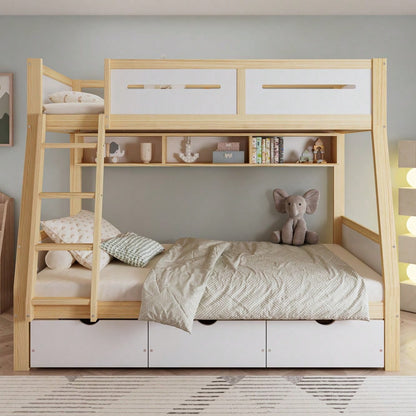 Etagenbett Kinderbett mit 3 Schubladen & Bilderbuchständer | 90x200cm & 120x200cm Größen | Sicher mit 4-seitigen Schutz & Leiter | Kiefernholz, Weiß/Natur