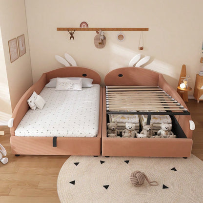 Kinderbett mit Hasen-Kopfteil & hydraulischem Stauraum | 90x200 cm Polsterbett mit Samtbezug & erhöhtem Sicherheitszaun | Rosa/Weiß, 2 Stück