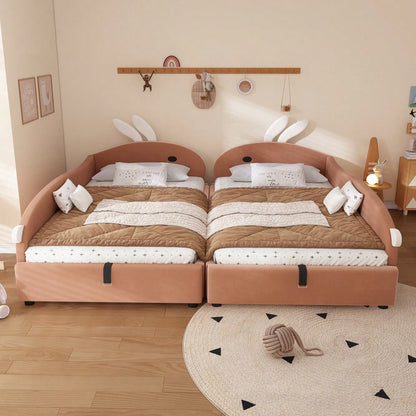 Kinderbett mit Hasen-Kopfteil & hydraulischem Stauraum | 90x200 cm Polsterbett mit Samtbezug & erhöhtem Sicherheitszaun | Rosa/Weiß, 2 Stück