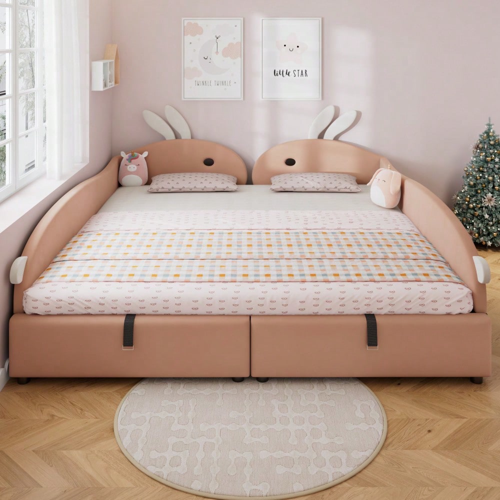 Kinderbett mit Hasen-Kopfteil & hydraulischem Stauraum | 90x200 cm Polsterbett mit Samtbezug & erhöhtem Sicherheitszaun | Rosa/Weiß, 2 Stück