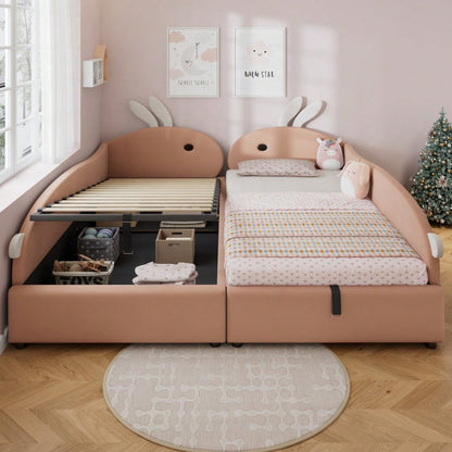 Kinderbett mit Hasen-Kopfteil & hydraulischem Stauraum | 90x200 cm Polsterbett mit Samtbezug & erhöhtem Sicherheitszaun | Rosa/Weiß, 2 Stück