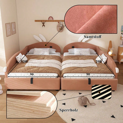 Kinderbett mit Hasen-Kopfteil & hydraulischem Stauraum | 90x200 cm Polsterbett mit Samtbezug & erhöhtem Sicherheitszaun | Rosa/Weiß, 2 Stück