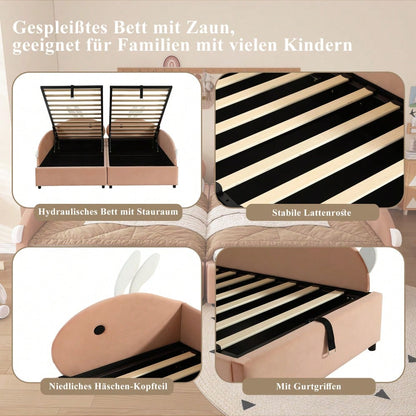 Kinderbett mit Hasen-Kopfteil & hydraulischem Stauraum | 90x200 cm Polsterbett mit Samtbezug & erhöhtem Sicherheitszaun | Rosa/Weiß, 2 Stück