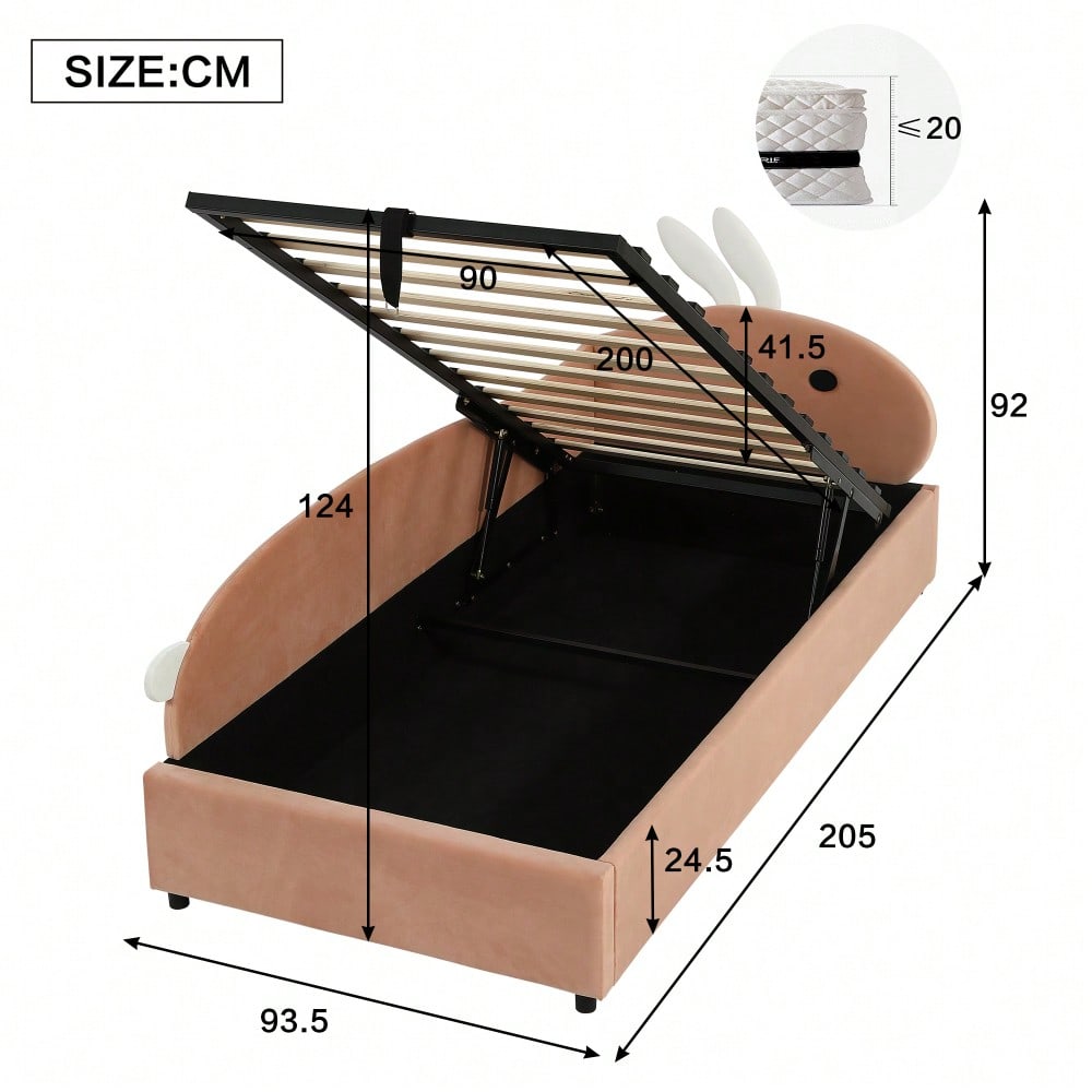 Kinderbett mit Hasen-Kopfteil & hydraulischem Stauraum | 90x200 cm Polsterbett mit Samtbezug & erhöhtem Sicherheitszaun | Rosa/Weiß, 2 Stück