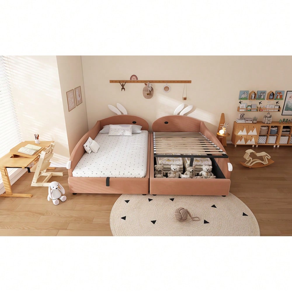 Kinderbett mit Hasen-Kopfteil & hydraulischem Stauraum | 90x200 cm Polsterbett mit Samtbezug & erhöhtem Sicherheitszaun | Rosa/Weiß, 2 Stück