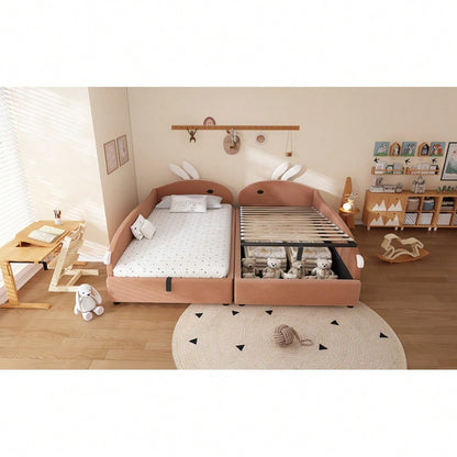 Kinderbett mit Hasen-Kopfteil & hydraulischem Stauraum | 90x200 cm Polsterbett mit Samtbezug & erhöhtem Sicherheitszaun | Rosa/Weiß, 2 Stück