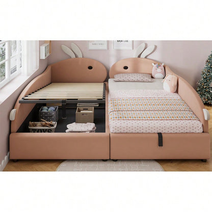 Kinderbett mit Hasen-Kopfteil & hydraulischem Stauraum | 90x200 cm Polsterbett mit Samtbezug & erhöhtem Sicherheitszaun | Rosa/Weiß, 2 Stück