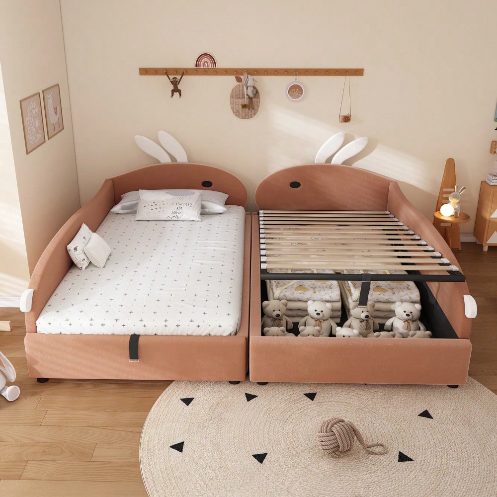 Kinderbett mit Hasen-Kopfteil & hydraulischem Stauraum | 90x200 cm Polsterbett mit Samtbezug & erhöhtem Sicherheitszaun | Rosa/Weiß, 2 Stück