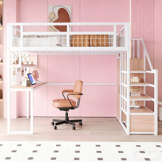 Stahl-Hochbett 140x200 cm mit integriertem Kleiderschrank & Schreibtisch | Komplettset mit Aufbewahrungsleiter, Ablagefläche & Netzregal | Stabiler Metallrahmen in Weiß