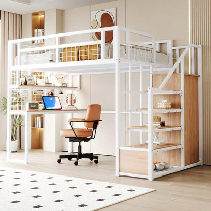 Stahl-Hochbett 140x200 cm mit integriertem Kleiderschrank & Schreibtisch | Komplettset mit Aufbewahrungsleiter, Ablagefläche & Netzregal | Stabiler Metallrahmen in Weiß