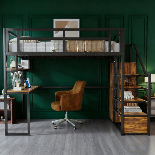 Stahl-Hochbett 140x200 cm mit Kleiderschrank & Schreibtisch | Inkl. Aufbewahrungsleiter, Ablage & Netzregal | All-in-One Komplettset in Schwarz