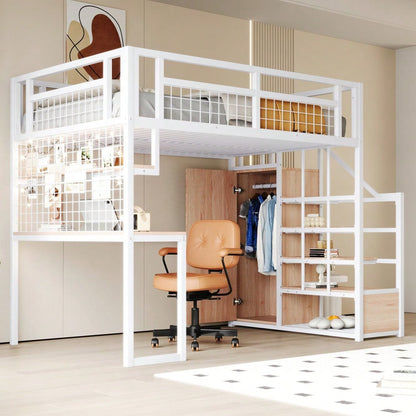 Stahl-Hochbett 140x200 cm mit integriertem Kleiderschrank & Schreibtisch | Komplettset mit Aufbewahrungsleiter, Ablagefläche & Netzregal | Stabiler Metallrahmen in Weiß