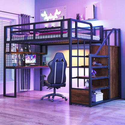 Stahl-Hochbett 140x200 cm mit Kleiderschrank & Schreibtisch | Inkl. Aufbewahrungsleiter, Ablage & Netzregal | All-in-One Komplettset in Schwarz