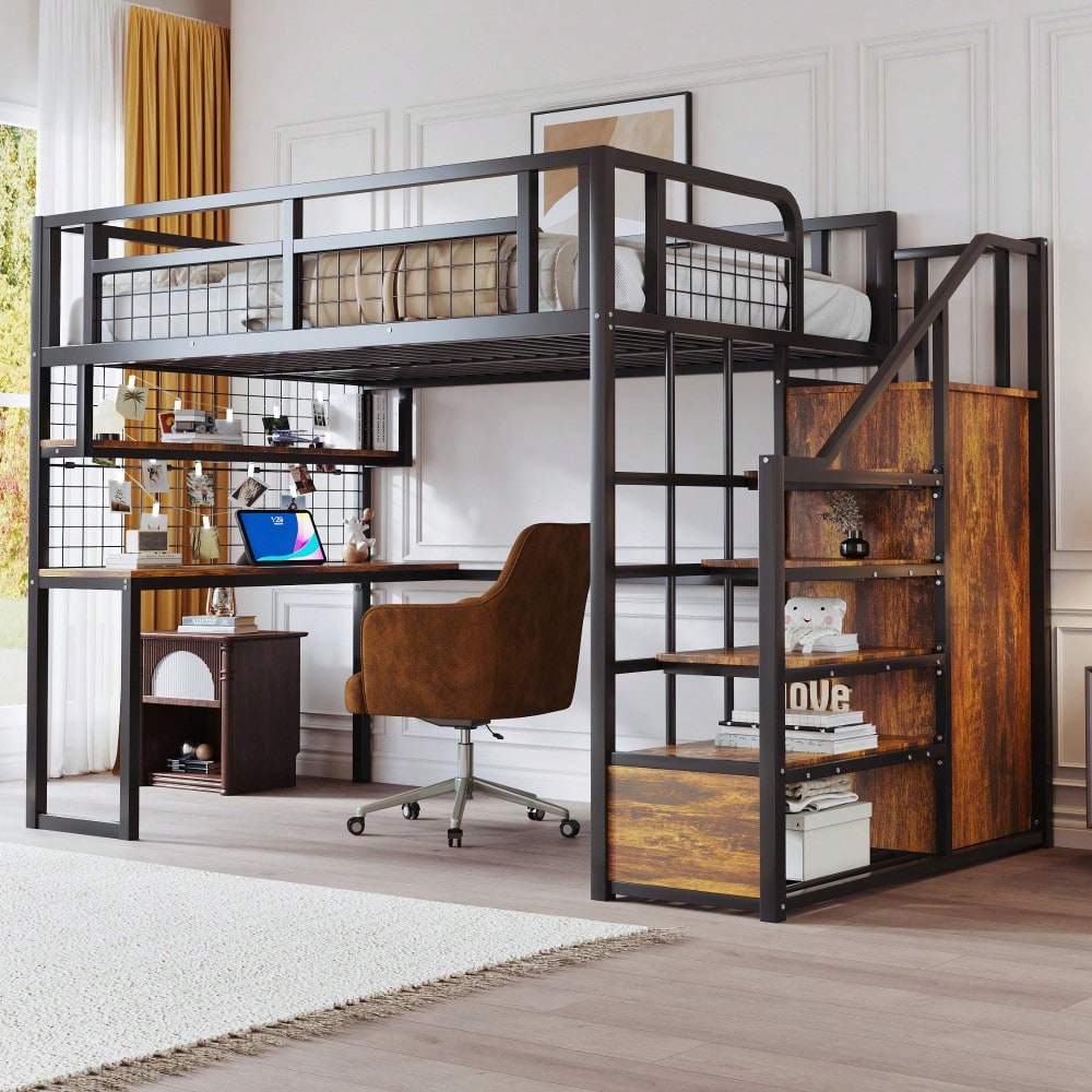 Stahl-Hochbett 140x200 cm mit Kleiderschrank & Schreibtisch | Inkl. Aufbewahrungsleiter, Ablage & Netzregal | All-in-One Komplettset in Schwarz