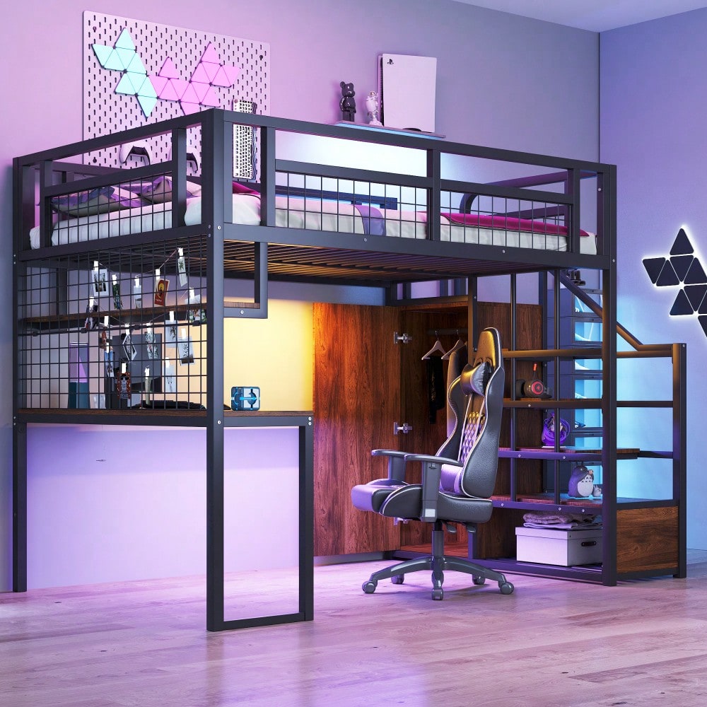 Stahl-Hochbett 140x200 cm mit Kleiderschrank & Schreibtisch | Inkl. Aufbewahrungsleiter, Ablage & Netzregal | All-in-One Komplettset in Schwarz