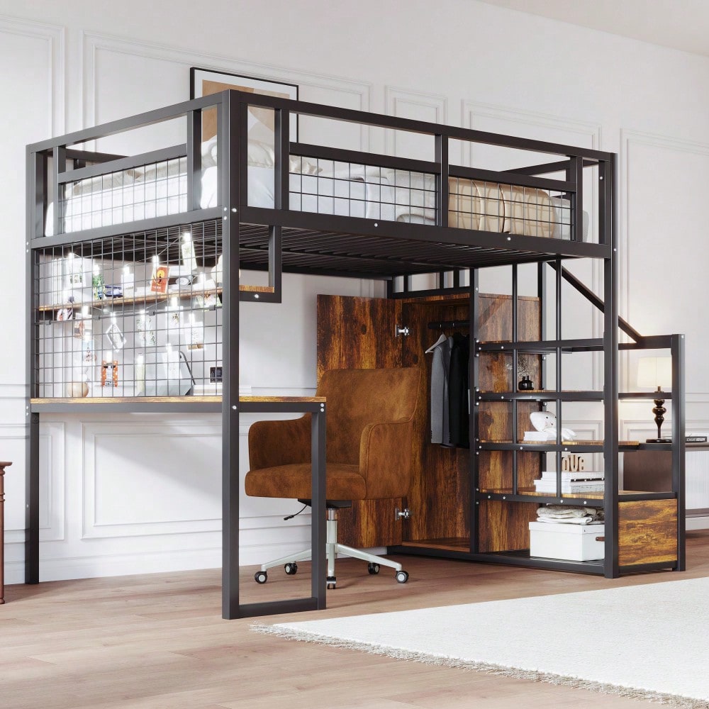 Stahl-Hochbett 140x200 cm mit Kleiderschrank & Schreibtisch | Inkl. Aufbewahrungsleiter, Ablage & Netzregal | All-in-One Komplettset in Schwarz