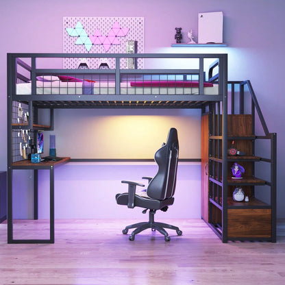 Stahl-Hochbett 140x200 cm mit Kleiderschrank & Schreibtisch | Inkl. Aufbewahrungsleiter, Ablage & Netzregal | All-in-One Komplettset in Schwarz