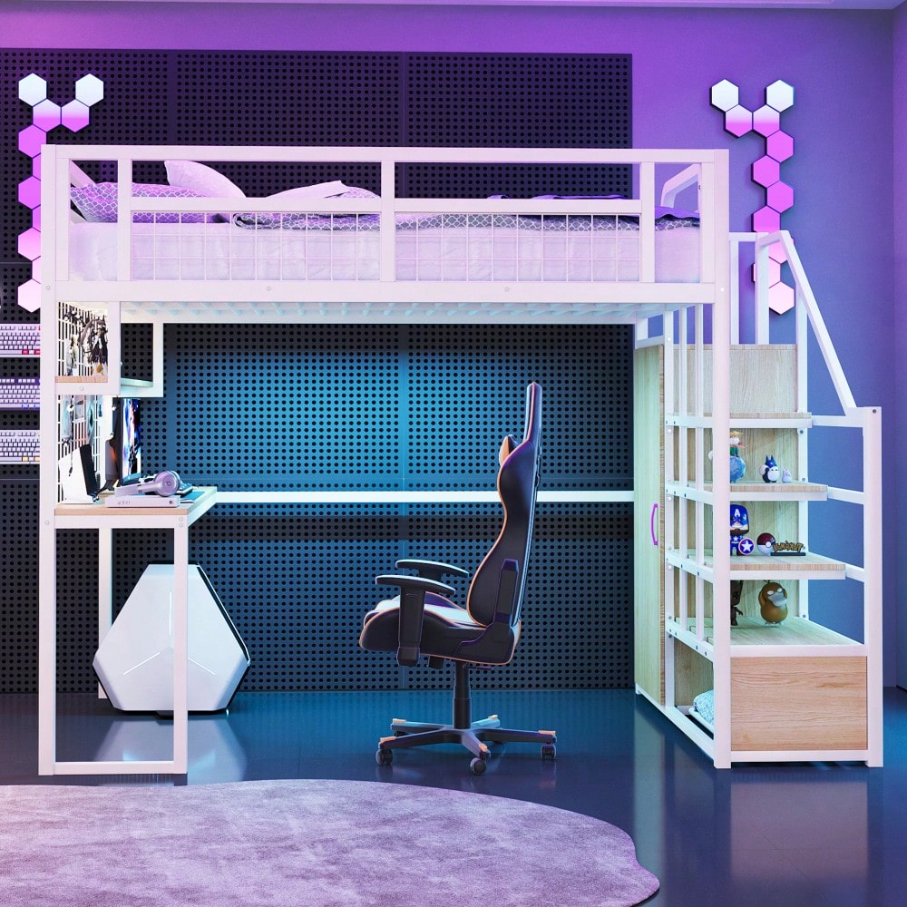 Stahl-Hochbett 140x200 cm mit integriertem Kleiderschrank & Schreibtisch | Komplettset mit Aufbewahrungsleiter, Ablagefläche & Netzregal | Stabiler Metallrahmen in Weiß