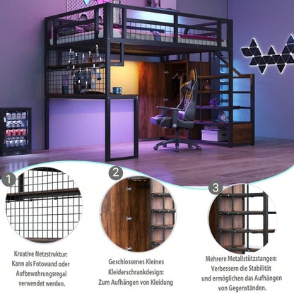 Stahl-Hochbett 140x200 cm mit Kleiderschrank & Schreibtisch | Inkl. Aufbewahrungsleiter, Ablage & Netzregal | All-in-One Komplettset in Schwarz