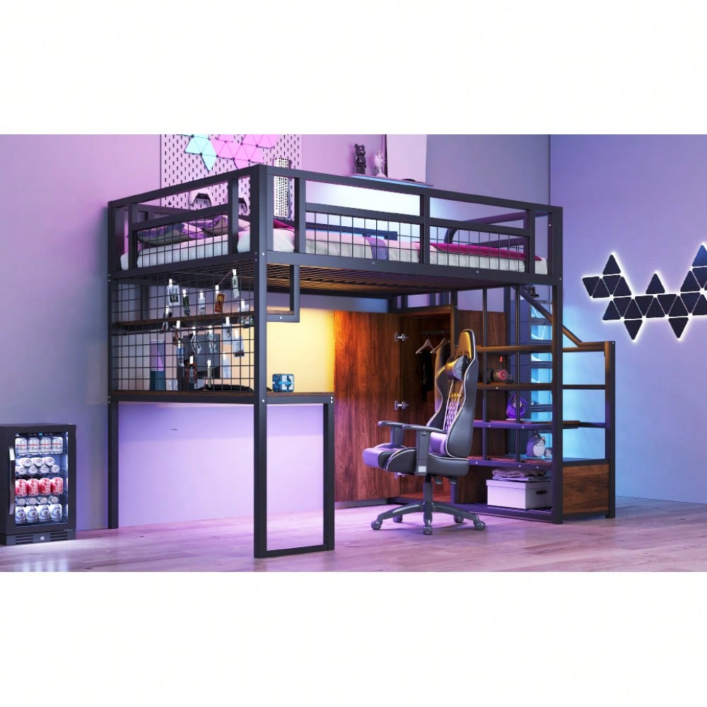 Stahl-Hochbett 140x200 cm mit Kleiderschrank & Schreibtisch | Inkl. Aufbewahrungsleiter, Ablage & Netzregal | All-in-One Komplettset in Schwarz