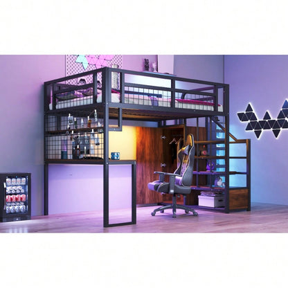 Stahl-Hochbett 140x200 cm mit Kleiderschrank & Schreibtisch | Inkl. Aufbewahrungsleiter, Ablage & Netzregal | All-in-One Komplettset in Schwarz