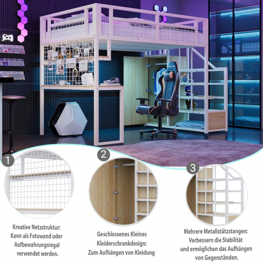 Stahl-Hochbett 140x200 cm mit integriertem Kleiderschrank & Schreibtisch | Komplettset mit Aufbewahrungsleiter, Ablagefläche & Netzregal | Stabiler Metallrahmen in Weiß