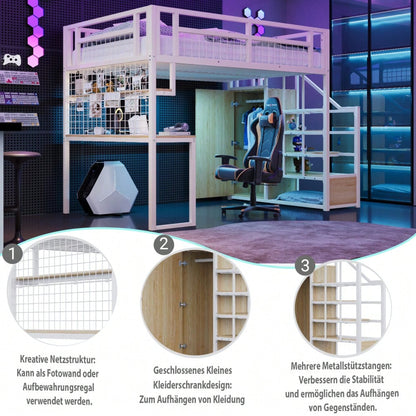 Stahl-Hochbett 140x200 cm mit integriertem Kleiderschrank & Schreibtisch | Komplettset mit Aufbewahrungsleiter, Ablagefläche & Netzregal | Stabiler Metallrahmen in Weiß