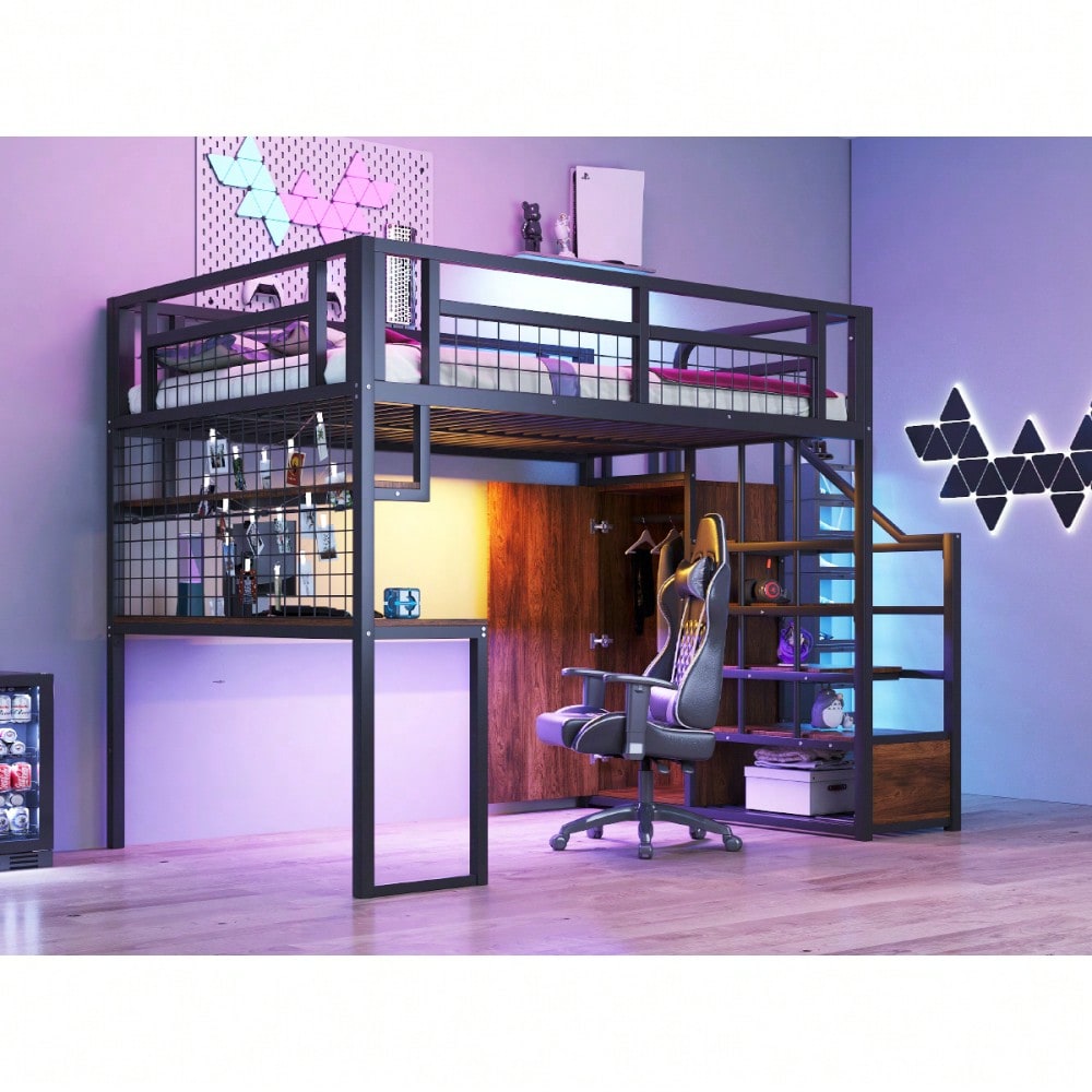 Stahl-Hochbett 140x200 cm mit Kleiderschrank & Schreibtisch | Inkl. Aufbewahrungsleiter, Ablage & Netzregal | All-in-One Komplettset in Schwarz