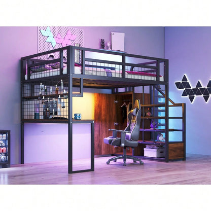 Stahl-Hochbett 140x200 cm mit Kleiderschrank & Schreibtisch | Inkl. Aufbewahrungsleiter, Ablage & Netzregal | All-in-One Komplettset in Schwarz