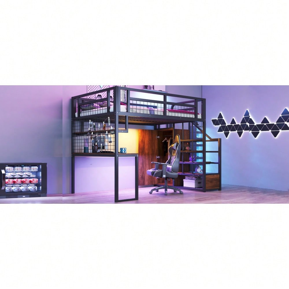 Stahl-Hochbett 140x200 cm mit Kleiderschrank & Schreibtisch | Inkl. Aufbewahrungsleiter, Ablage & Netzregal | All-in-One Komplettset in Schwarz