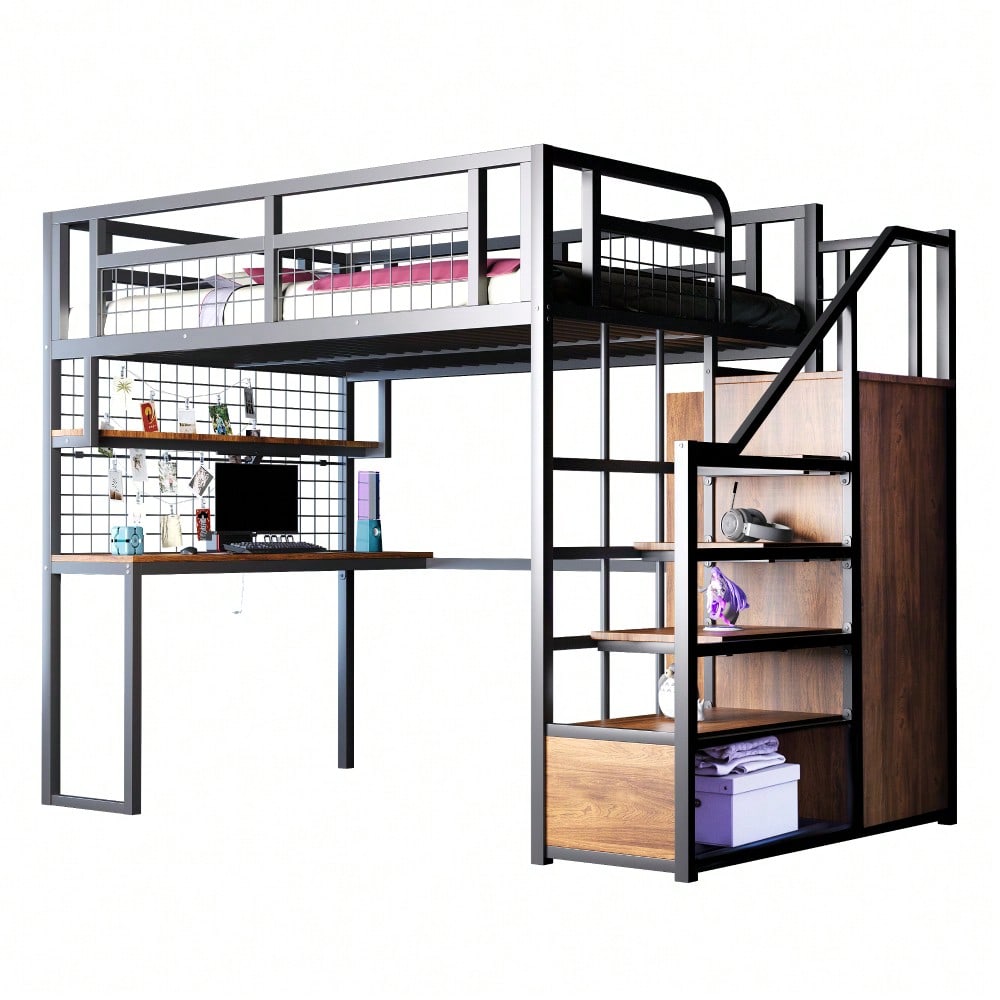 Stahl-Hochbett 140x200 cm mit Kleiderschrank & Schreibtisch | Inkl. Aufbewahrungsleiter, Ablage & Netzregal | All-in-One Komplettset in Schwarz