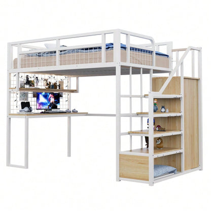 Stahl-Hochbett 140x200 cm mit integriertem Kleiderschrank & Schreibtisch | Komplettset mit Aufbewahrungsleiter, Ablagefläche & Netzregal | Stabiler Metallrahmen in Weiß