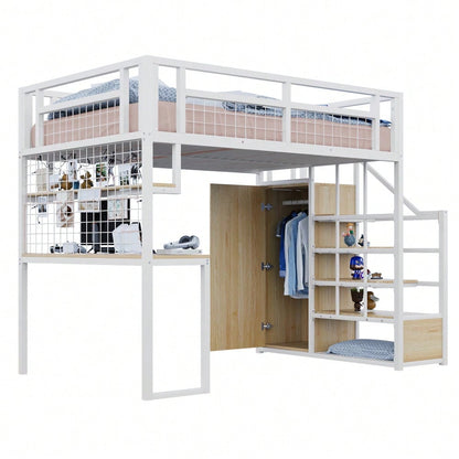Stahl-Hochbett 140x200 cm mit integriertem Kleiderschrank & Schreibtisch | Komplettset mit Aufbewahrungsleiter, Ablagefläche & Netzregal | Stabiler Metallrahmen in Weiß