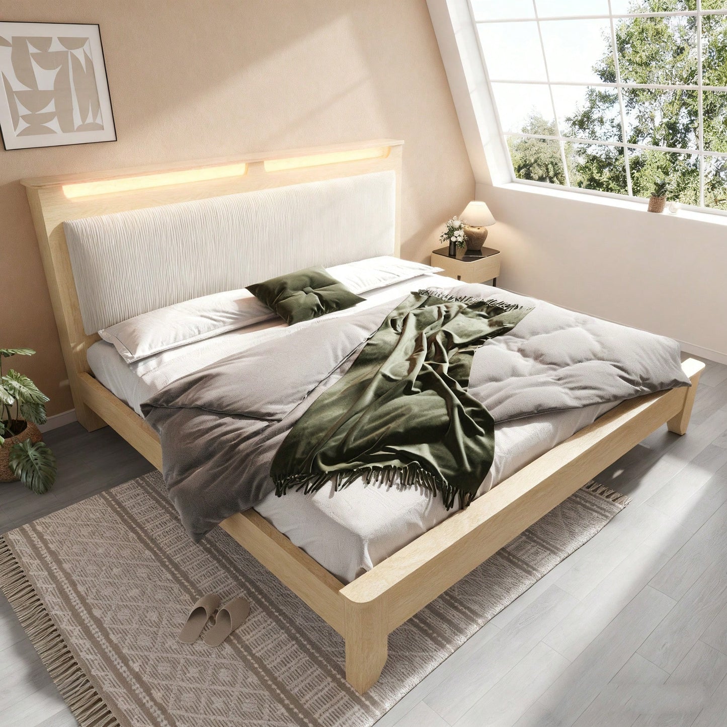 Doppelbett 160x200 cm aus Massivholz mit LED-Beleuchtung & Staukopfteil | Inkl. Matratze & beiger Cordpolster-Rückenlehne | Bettgestell in hell Eiche, ohne Bettbank