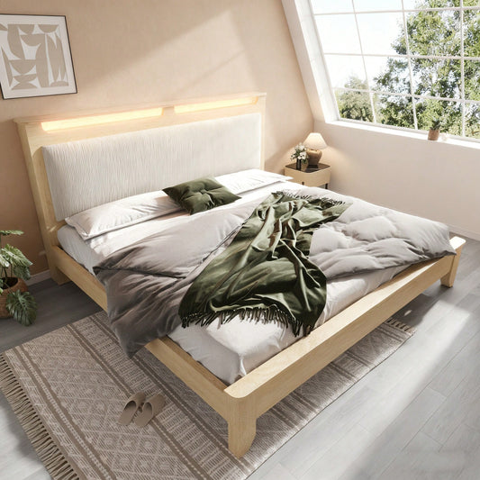 Doppelbett 160x200 cm aus Massivholz mit LED-Beleuchtung & Staukopfteil | Inkl. Matratze & beiger Cordpolster-Rückenlehne | Bettgestell in hell Eiche, ohne Bettbank